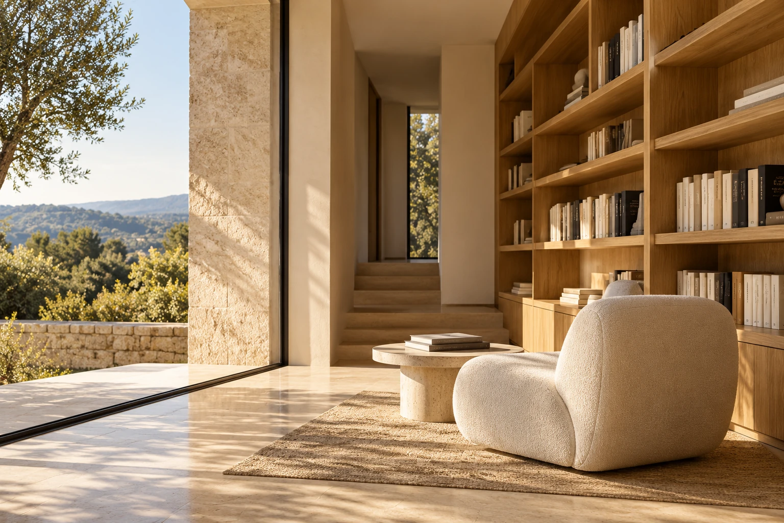 Rincón de lectura de diseño con biblioteca integrada y amplios ventanales