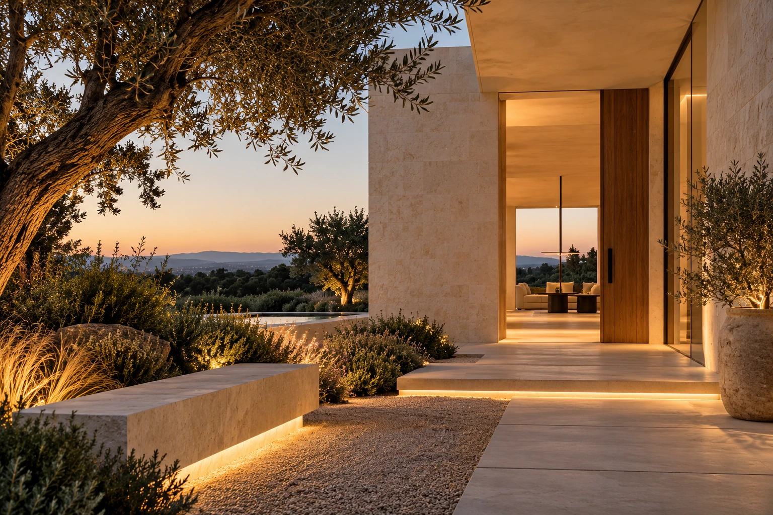 Acceso a vivienda contemporánea rodeada de jardines mediterráneos al atardecer