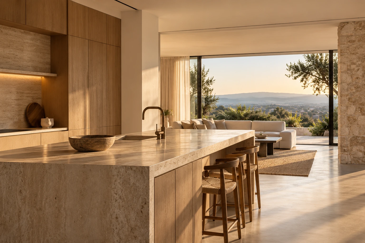 Cocina abierta a un salón cálido y una terraza con vistas