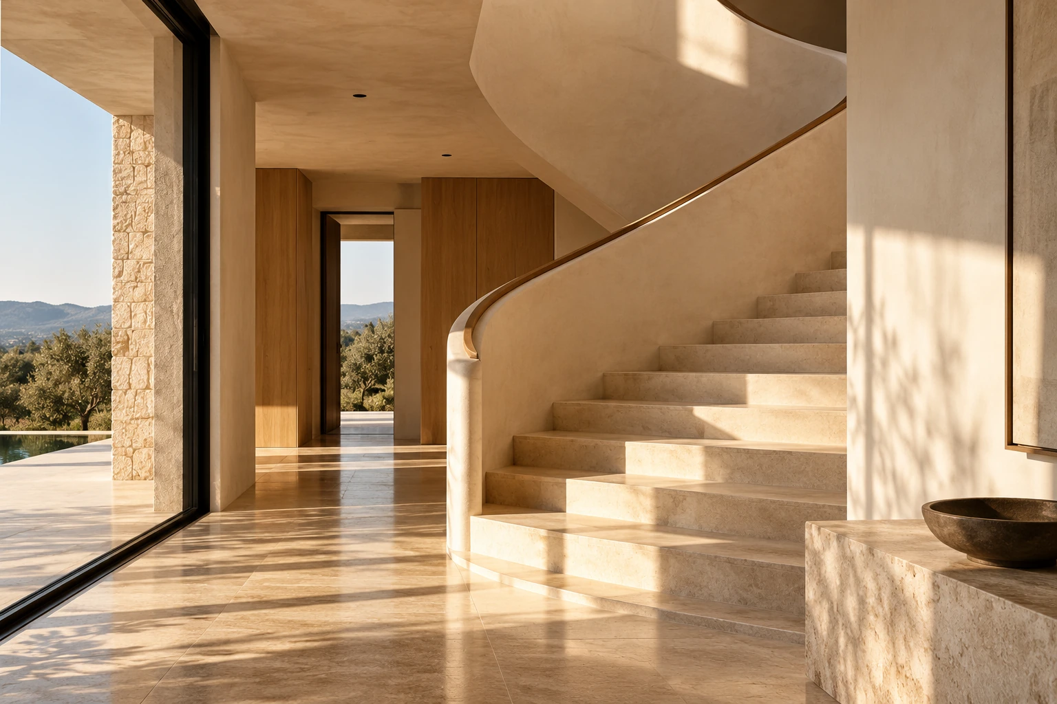 Escalera de piedra natural en vivienda contemporánea con luz cálida
