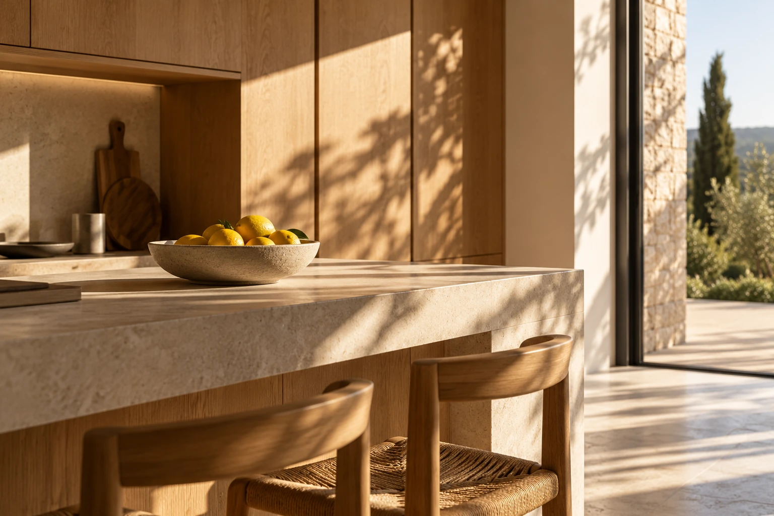 Cocina en tonos piedra y madera con luz natural