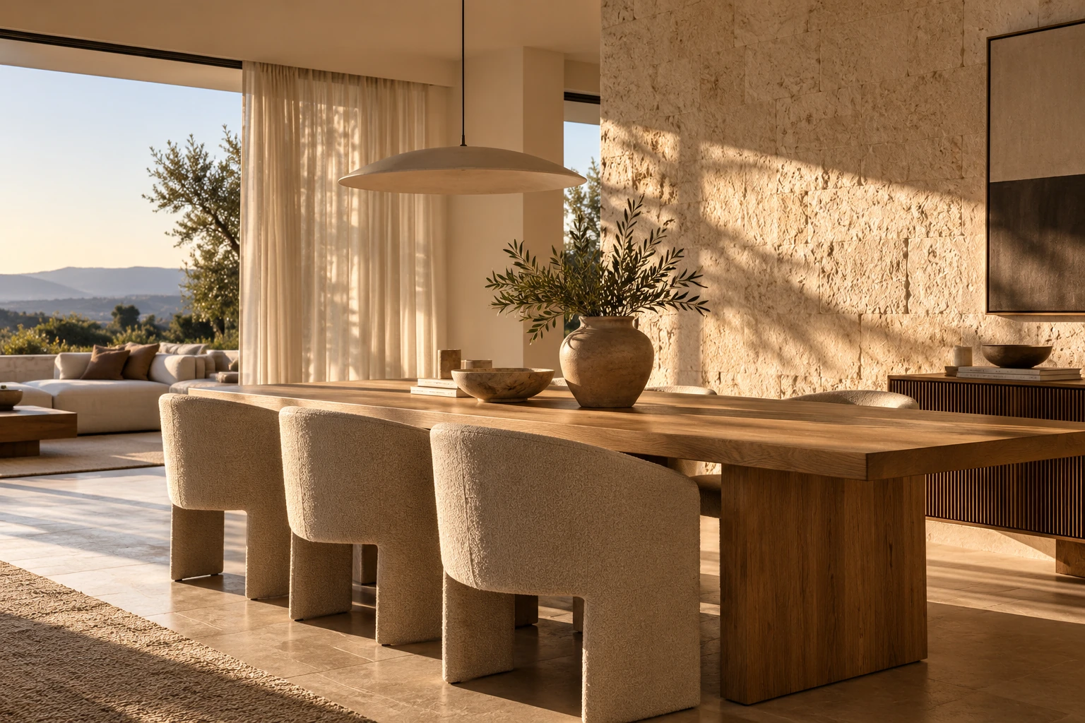 Comedor luminoso de materiales naturales y arquitectura contemporánea