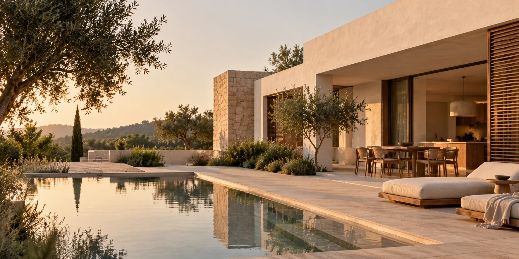Vivienda mediterránea contemporánea de piedra natural junto a la piscina al atardecer