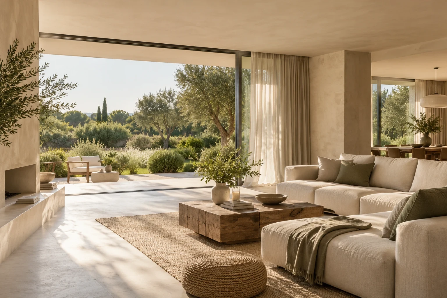 Salón mediterráneo contemporáneo abierto a una terraza