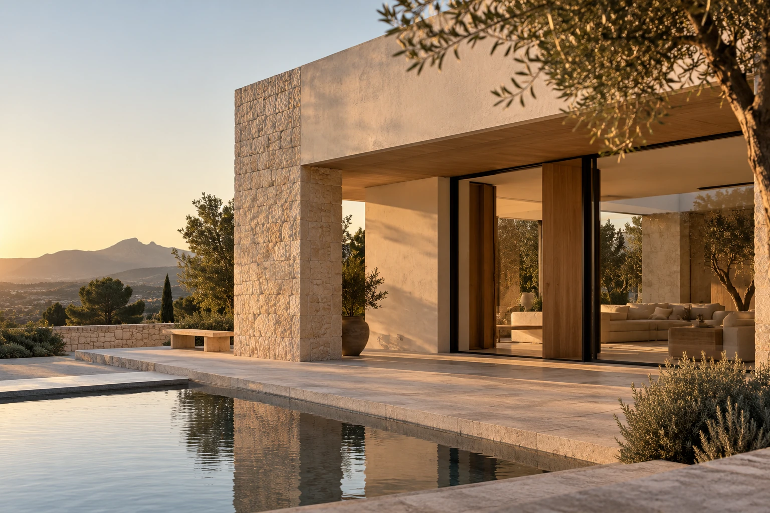 Vivienda mediterránea de piedra natural y piscina con luz de tarde