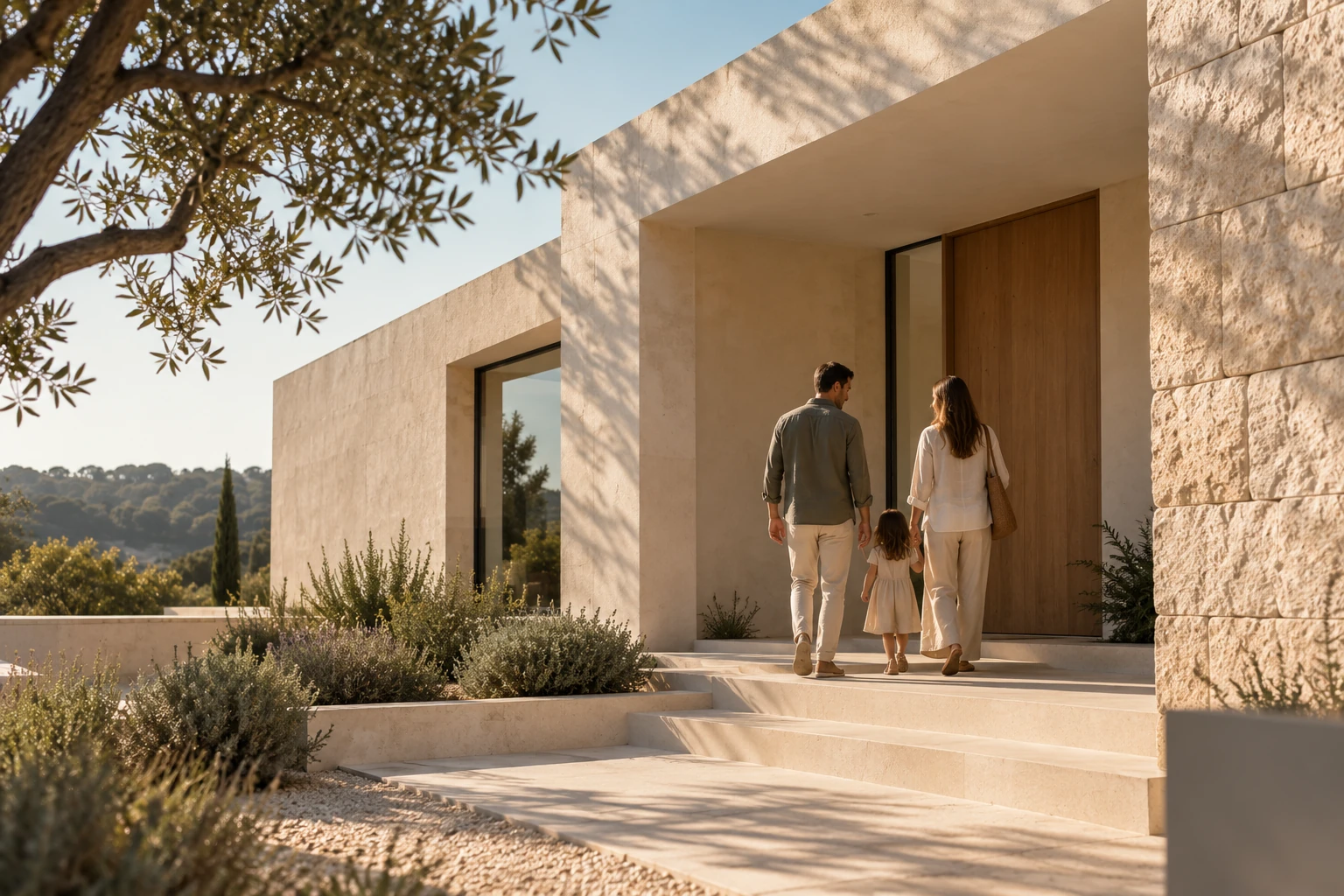 Familia llegando a una vivienda de piedra natural