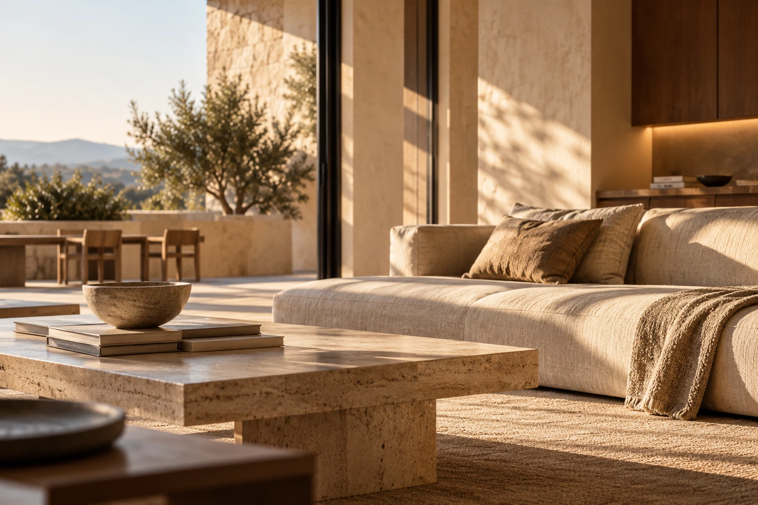 Espacio acogedor con sofá de lino y mesa de piedra natural