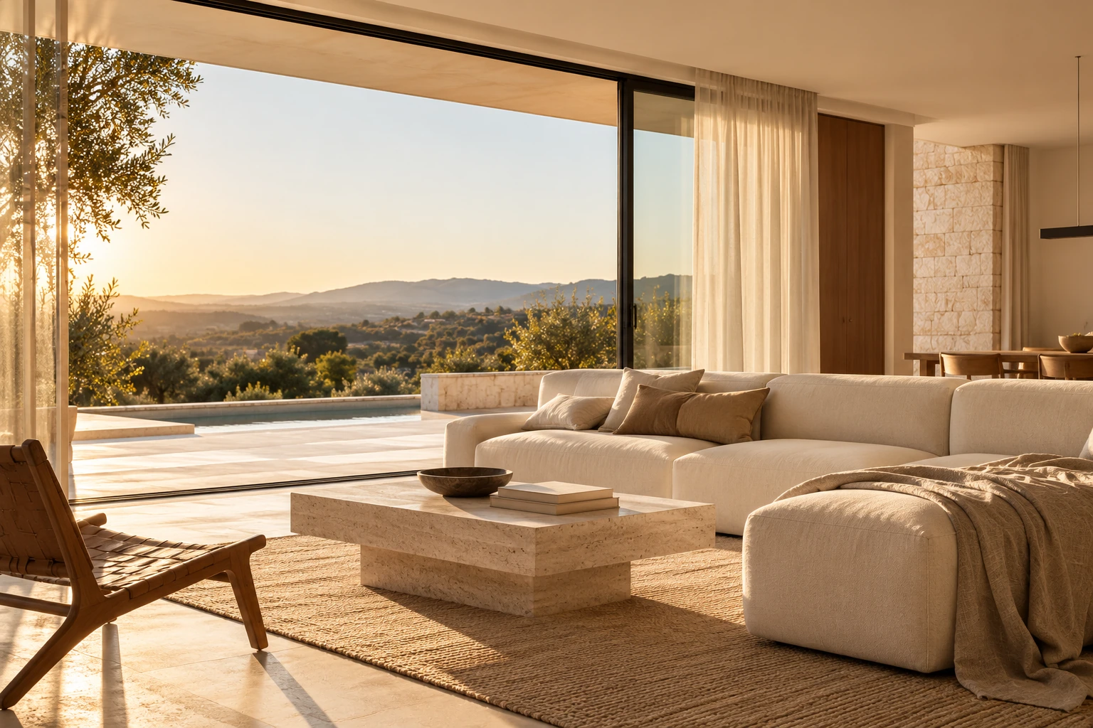 Salón elegante con sofá claro y vistas a la terraza